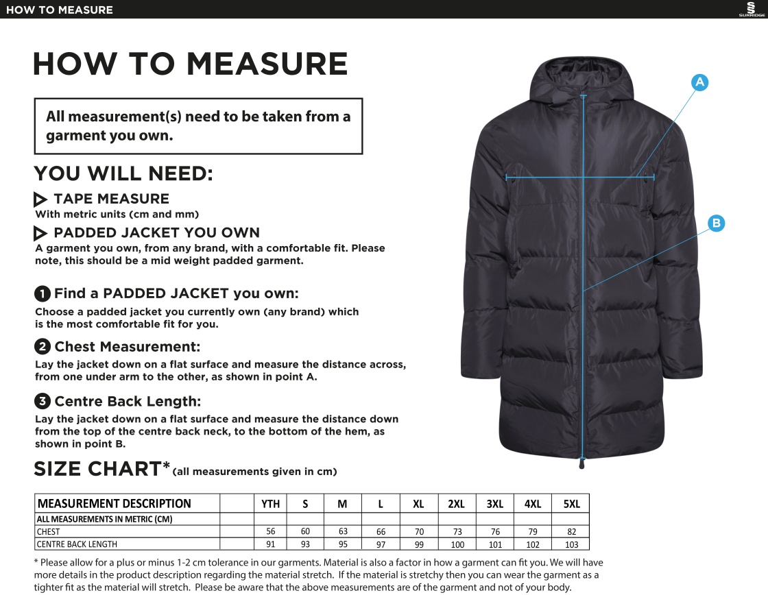 Ribbesdale High School Staff - Full Length Sub Coat - Size Guide