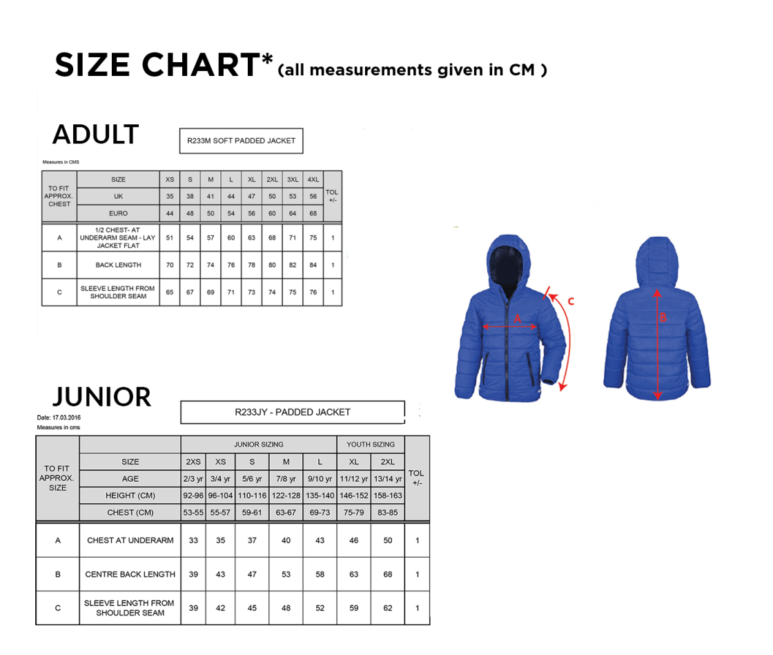 Ribbesdale High School Staff - Supersoft Padded Jacket with Hood - Unisex Fit - Size Guide
