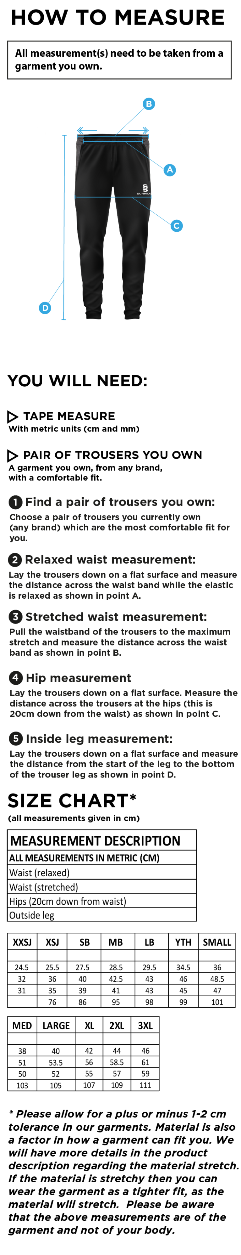 Ribbesdale High School Staff - Tek Slim Pant - Unisex Fit - Size Guide