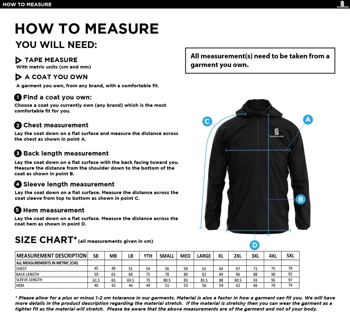 Ribbesdale High School Staff - Training Jacket - Unisex Fit - Size Guide
