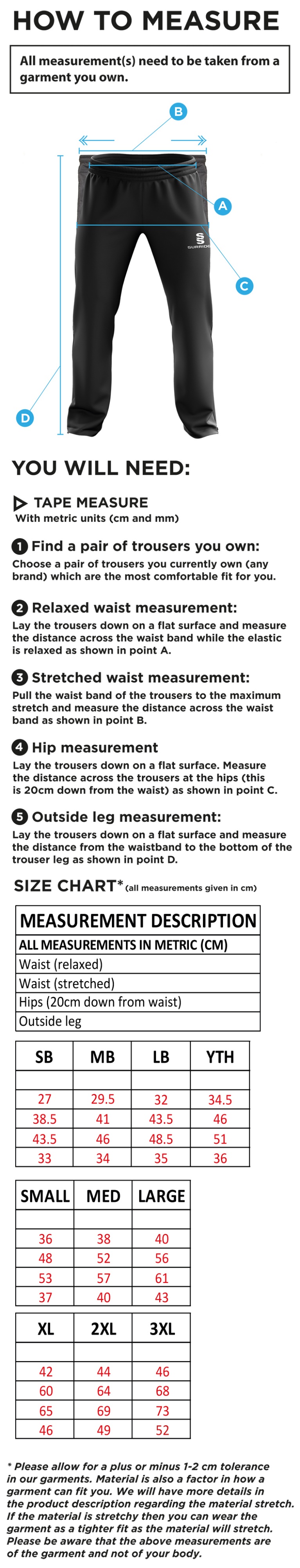Ribbesdale High School Staff - Ripstop Track Pant - Unisex Fit - Size Guide