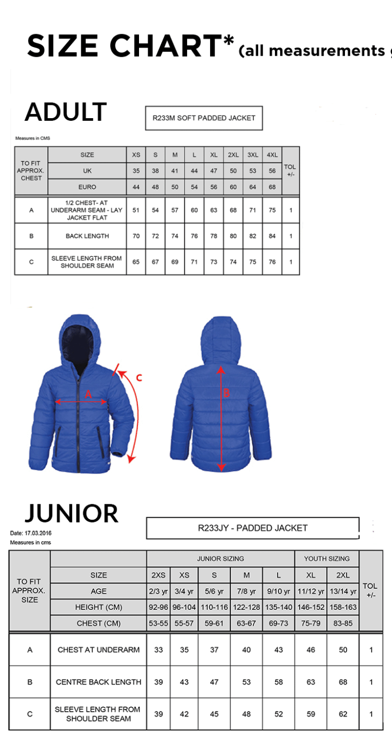 Ribbesdale High School Staff - Supersoft Padded Jacket with Hood - Unisex Fit - Size Guide