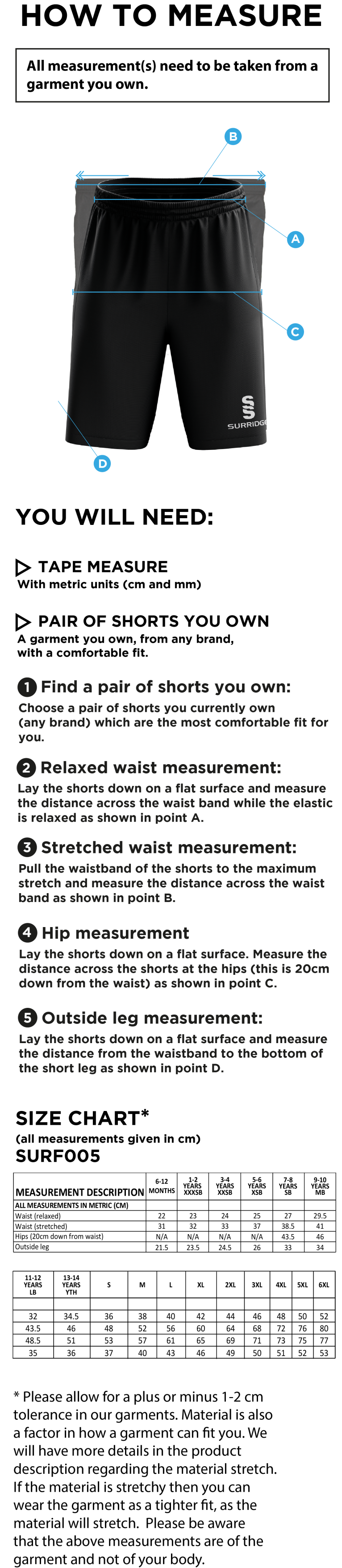 Ribbesdale High School Pupils - Match Shorts - Unisex Fit - Size Guide