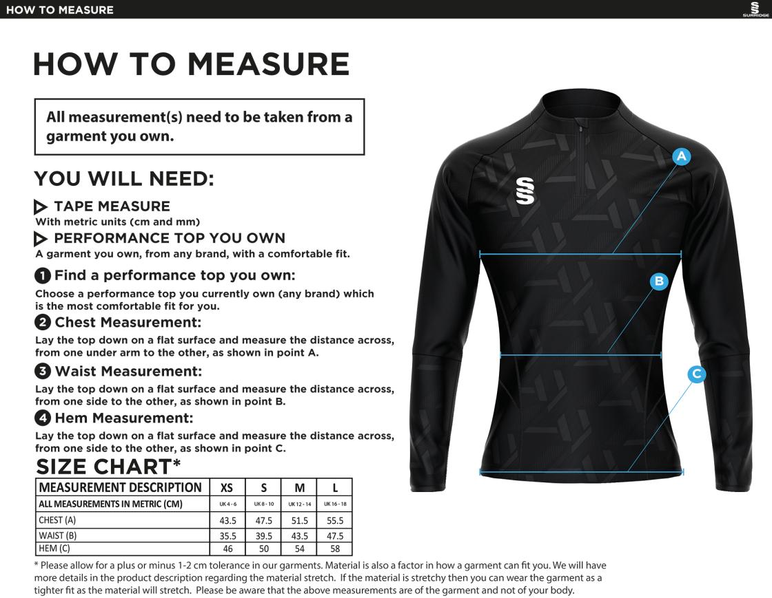 Ribbesdale High School Staff - Impact 1/4 Zip Performance Top - Women's Fit - Size Guide