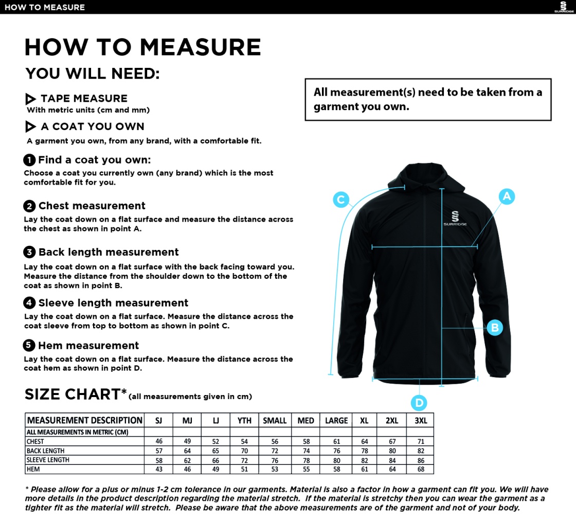 Ribbesdale High School Staff - Dual Elite 1/4 Zip Hoody / Rain Jacket - Size Guide