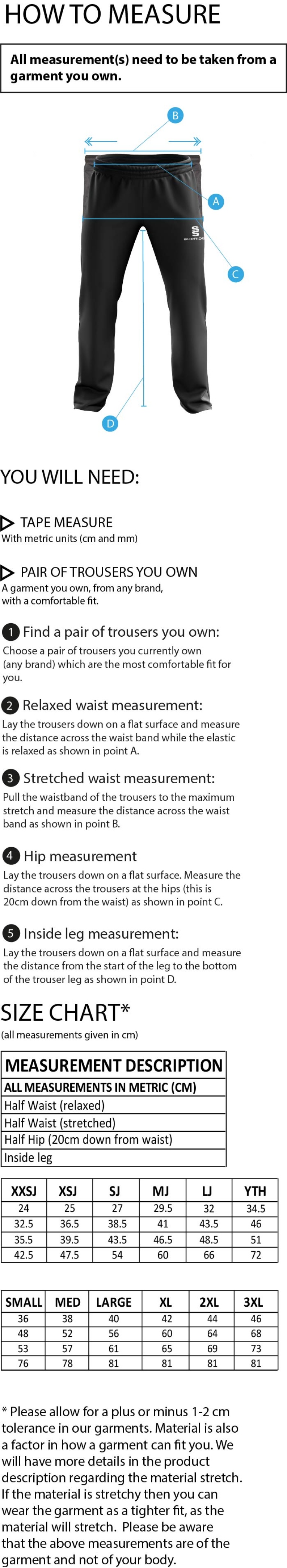 Ribbesdale High School Staff - POPLIN TRACK PANT WITH LYCRA - Size Guide