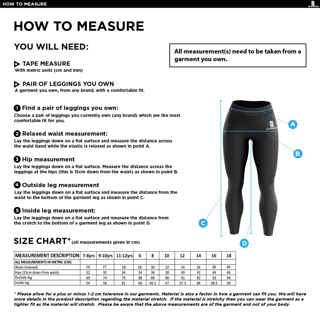 RIBBLESDALE HIGH SCHOOL PUPILS LEGGINGS - Size Guide