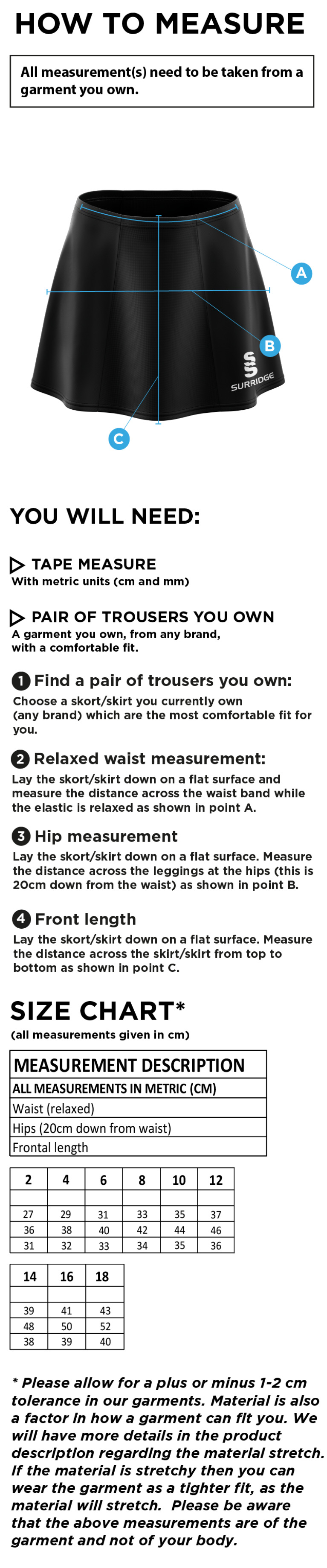 Ribbesdale High School Pupils - Skort - Size Guide