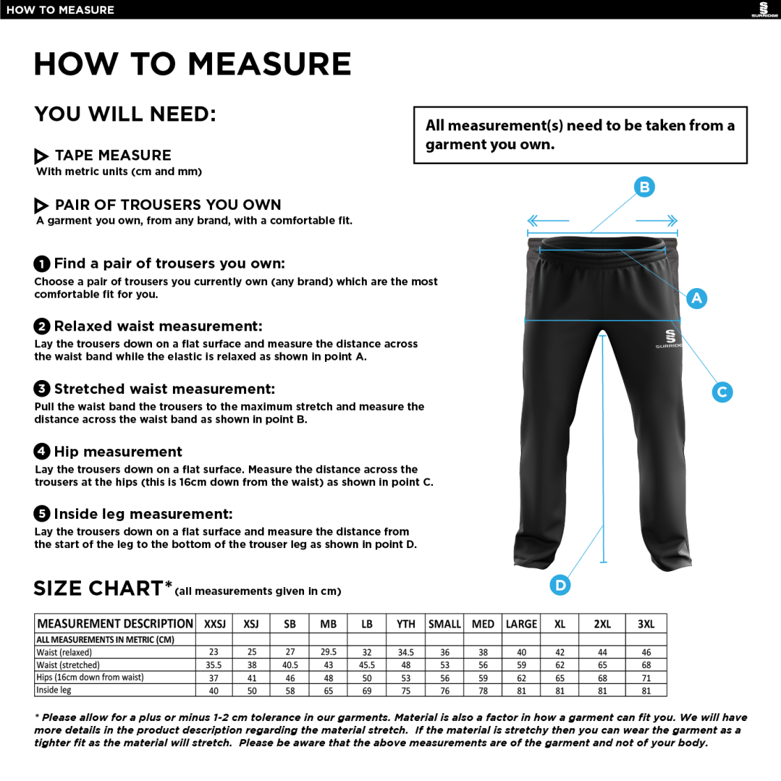 Ribbesdale High School Pupils - Poplin Track Pant - Unisex Fit - Size Guide