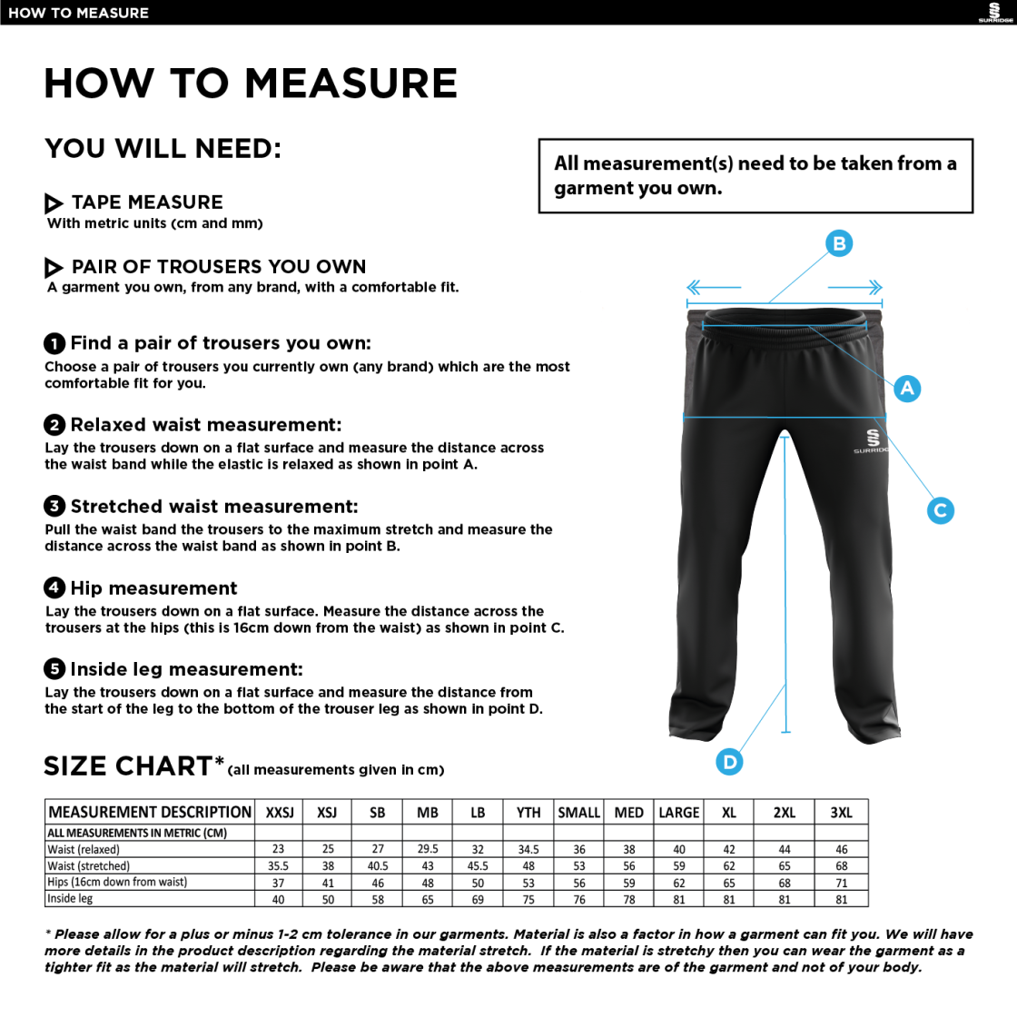 RIBBLESDALE HIGH SCHOOL PUPILS POPLIN TRACK PANT BLACK - Size Guide