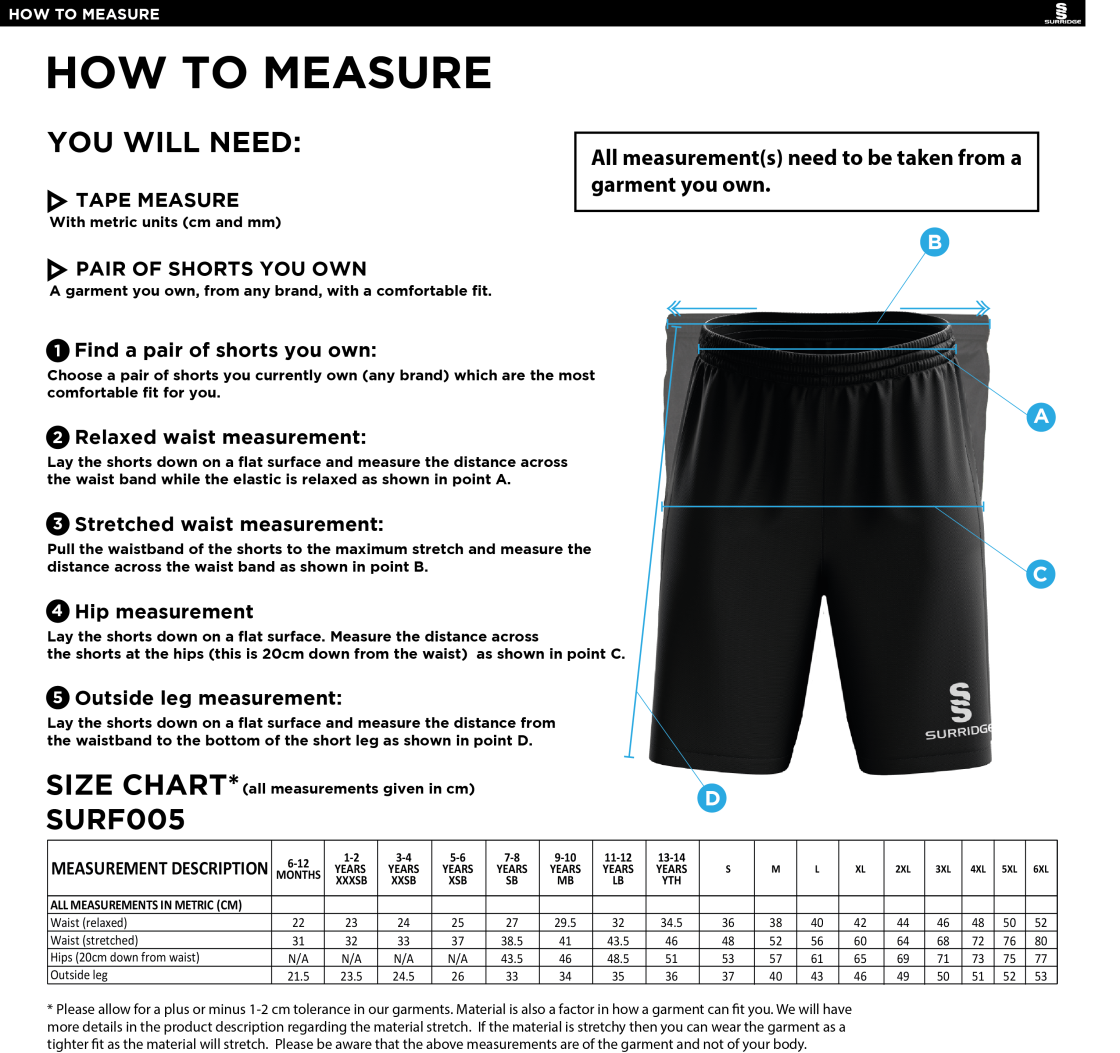 Ribbesdale High School Pupils - Match Shorts - Unisex Fit - Size Guide