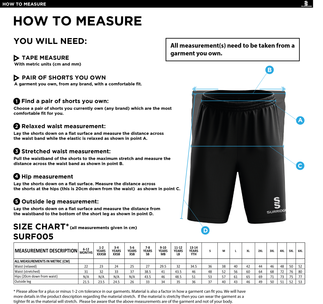 RIBBLESDALE HIGH SCHOOL PUPILS MATCH SHORTS - Size Guide