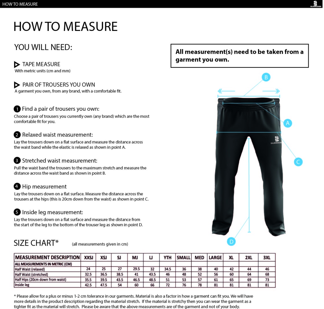 Ribbesdale High School Staff - POPLIN TRACK PANT WITH LYCRA - Size Guide