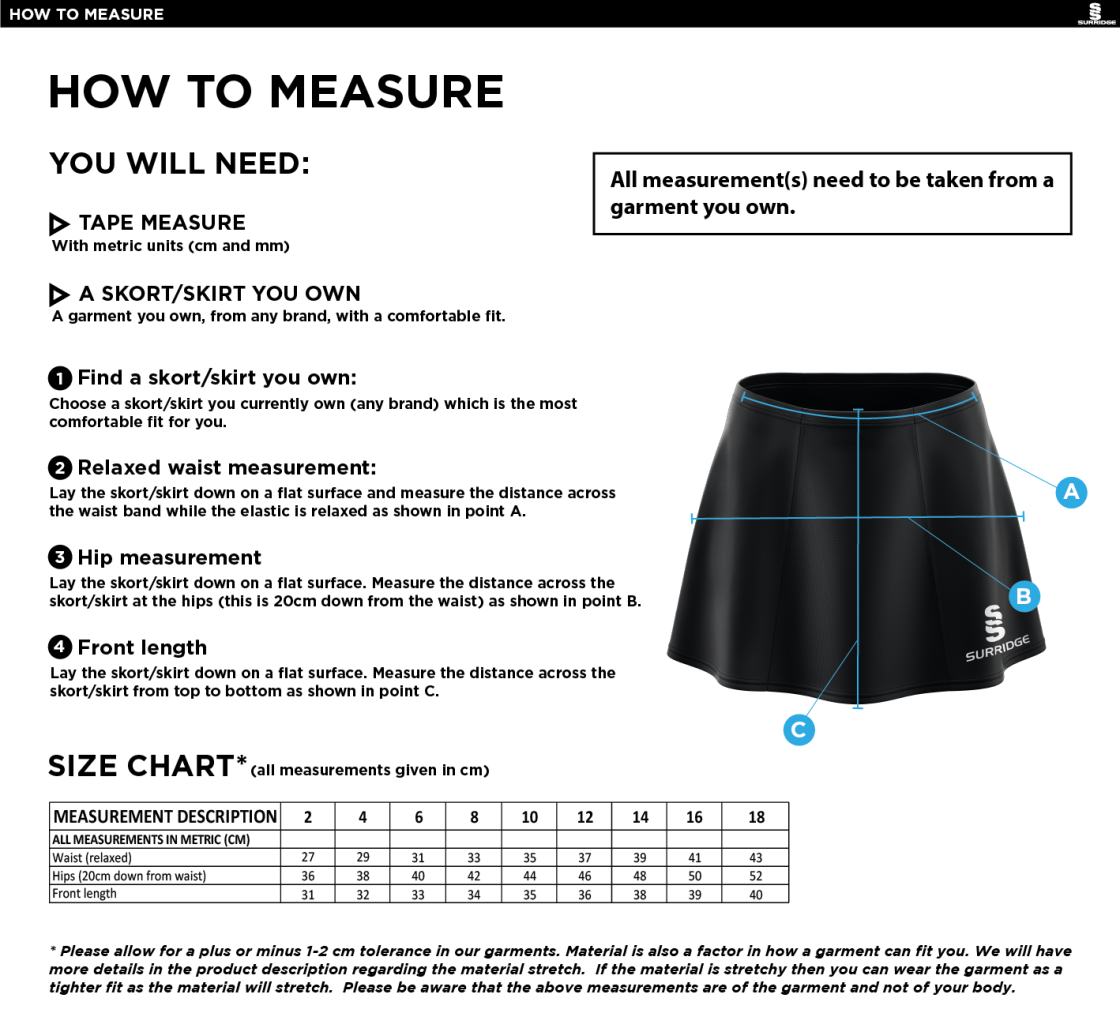Ribbesdale High School Pupils - Skort - Size Guide