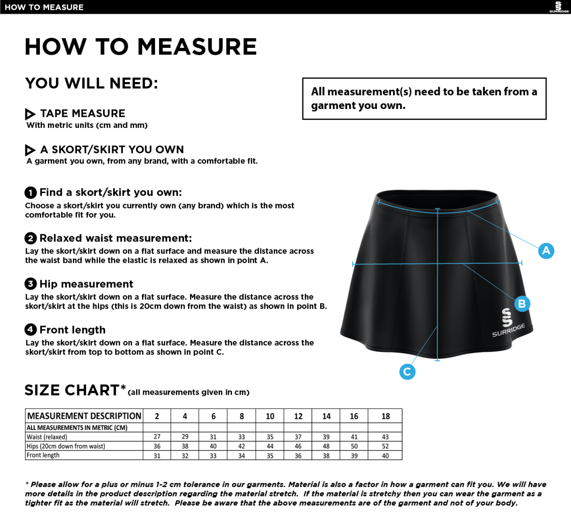 RIBBLESDALE HIGH SCHOOL PUPILS SKORT - Size Guide