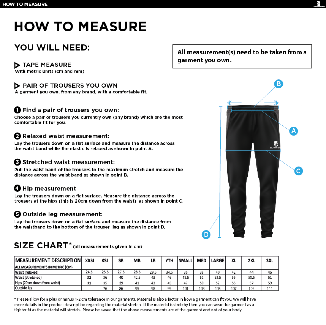RIBBLESDALE HIGH SCHOOL STAFF TEK SLIM PANT BLACK - Size Guide