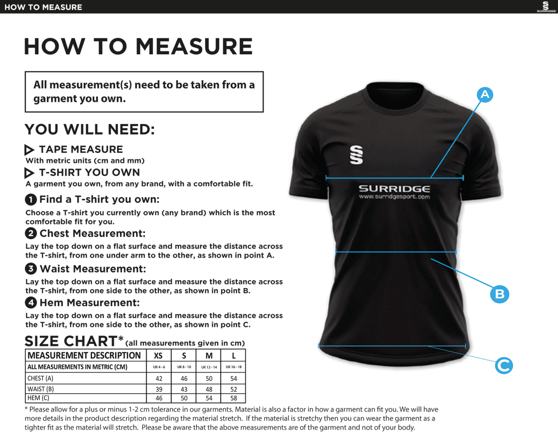 Ribbesdale High School Pupils - Dual Games Shirt - Womens/Girls Fit - Size Guide