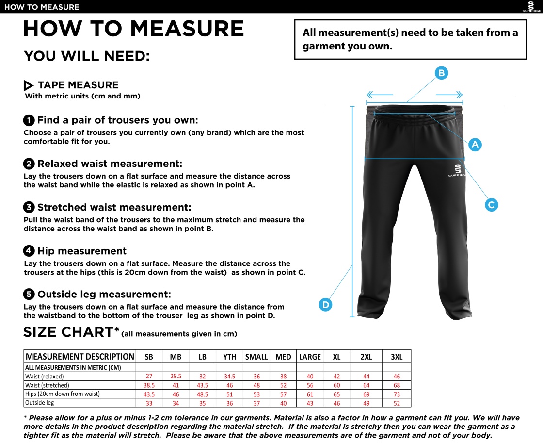 Ribbesdale High School Staff - Ripstop Track Pant - Unisex Fit - Size Guide