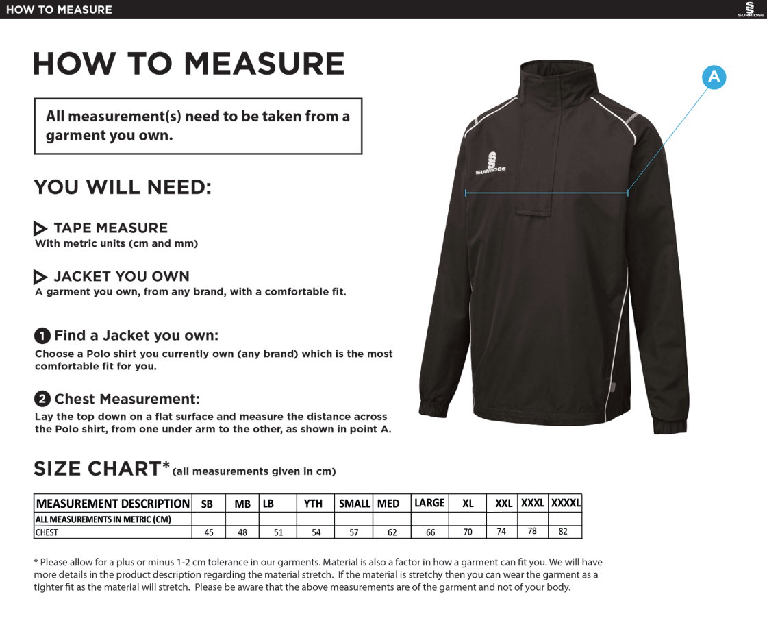 Ribbesdale High School Staff - Curve 1/4 Zip Rain Jacket - Unisex Fit - Size Guide