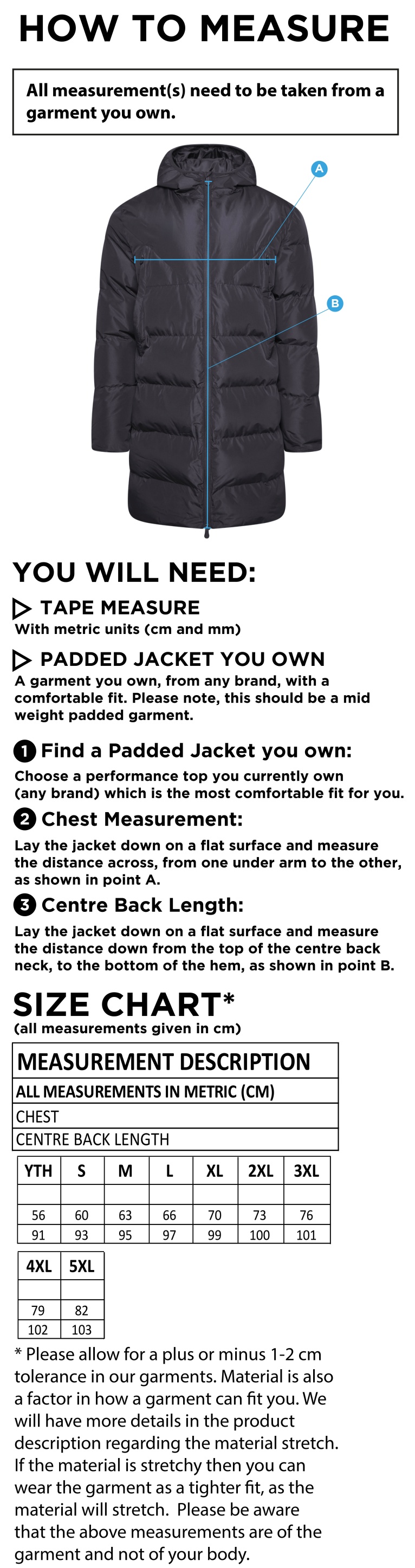 Ribbesdale High School Staff - Full Length Sub Coat - Size Guide